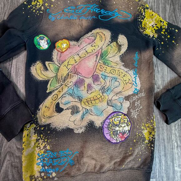 Ed Hardy Tattoo Art Hoodie S Dragon Geisha Tiger Love Kills Spray Zip Jacket - Picture 5 of 15